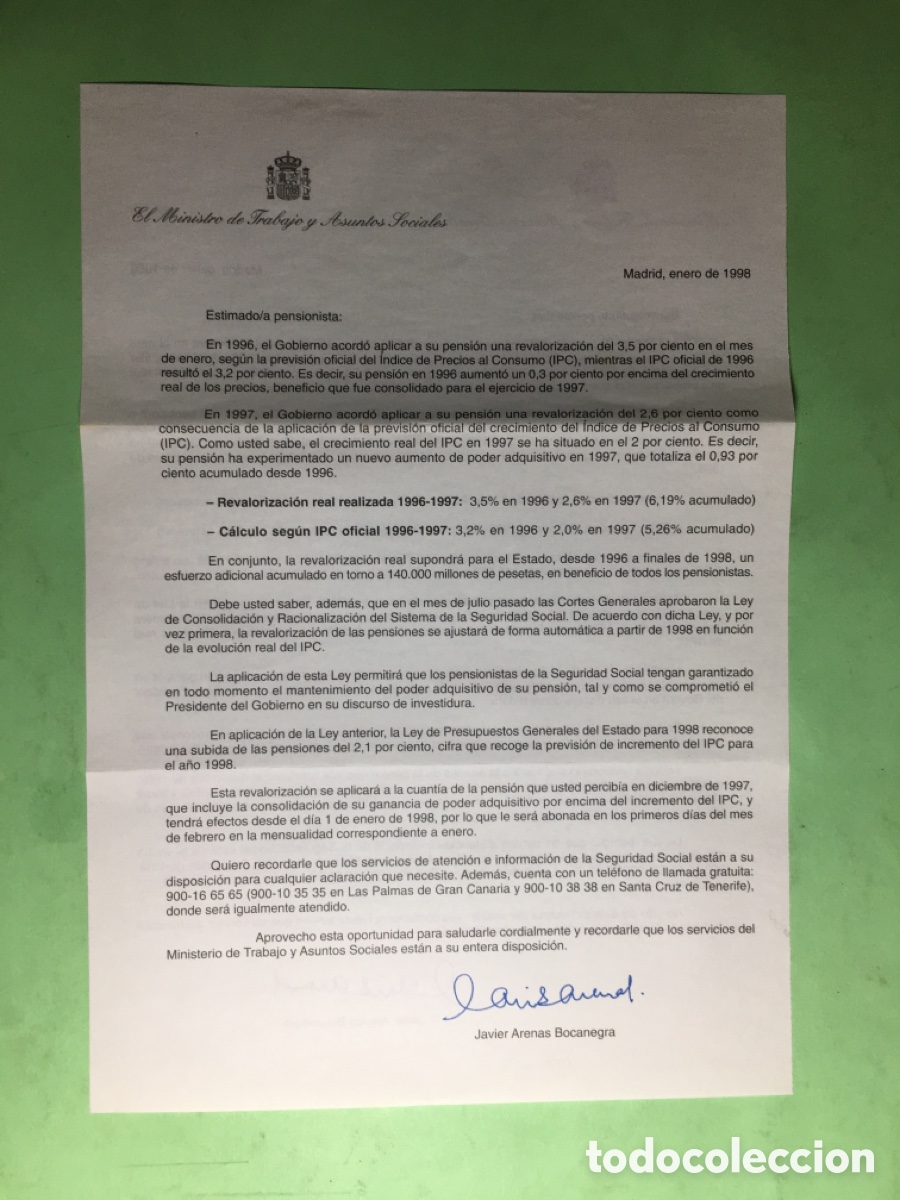 Documentos antigos: 1998 CARTA (castellano y catal&agrave;) COMUNICA MINISTRO TRABAJO REVALORIZACI&Oacute;N PENSI&Oacute;N Y NUEVA LEY