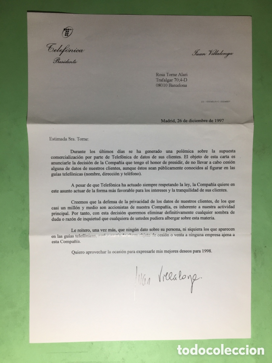Documentos antigos: 1997 CARTA PRESIDENTE TELEF&Oacute;NICA NO CEDER&Aacute;N DATOS NI LOS DE LAS GU&Iacute;AS