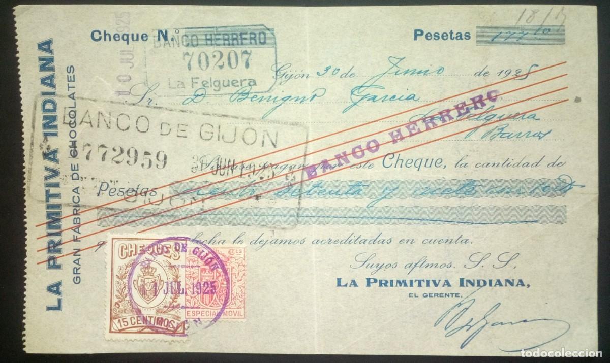 Documents Anciens: ASTURIAS. Cheque de Chocolates La Primitiva Indiana. Gij&oacute;n. 1925