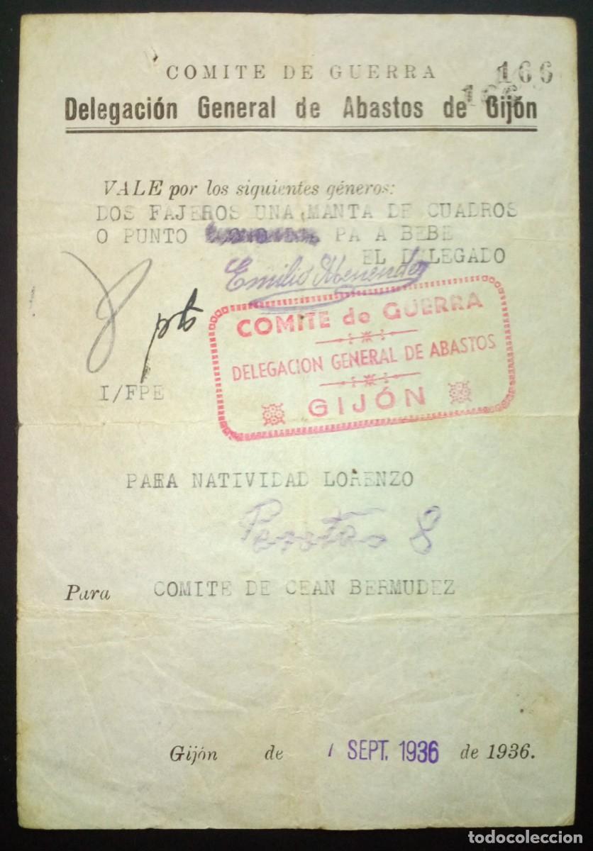 Documentos antiguos: ASTURIAS. Vale de la guerra civil para el comit&eacute; de Cean Berm&uacute;dez