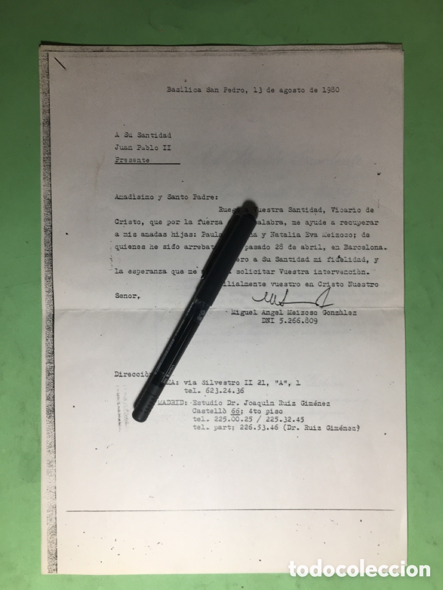 Documentos antiguos: 1980 COPIA CARTA A SU SANTIDAD JUAN PABLO II PIDIENDO AYUDA RAPTO 2 NI&Ntilde;AS EN BCN + varios mismo tema