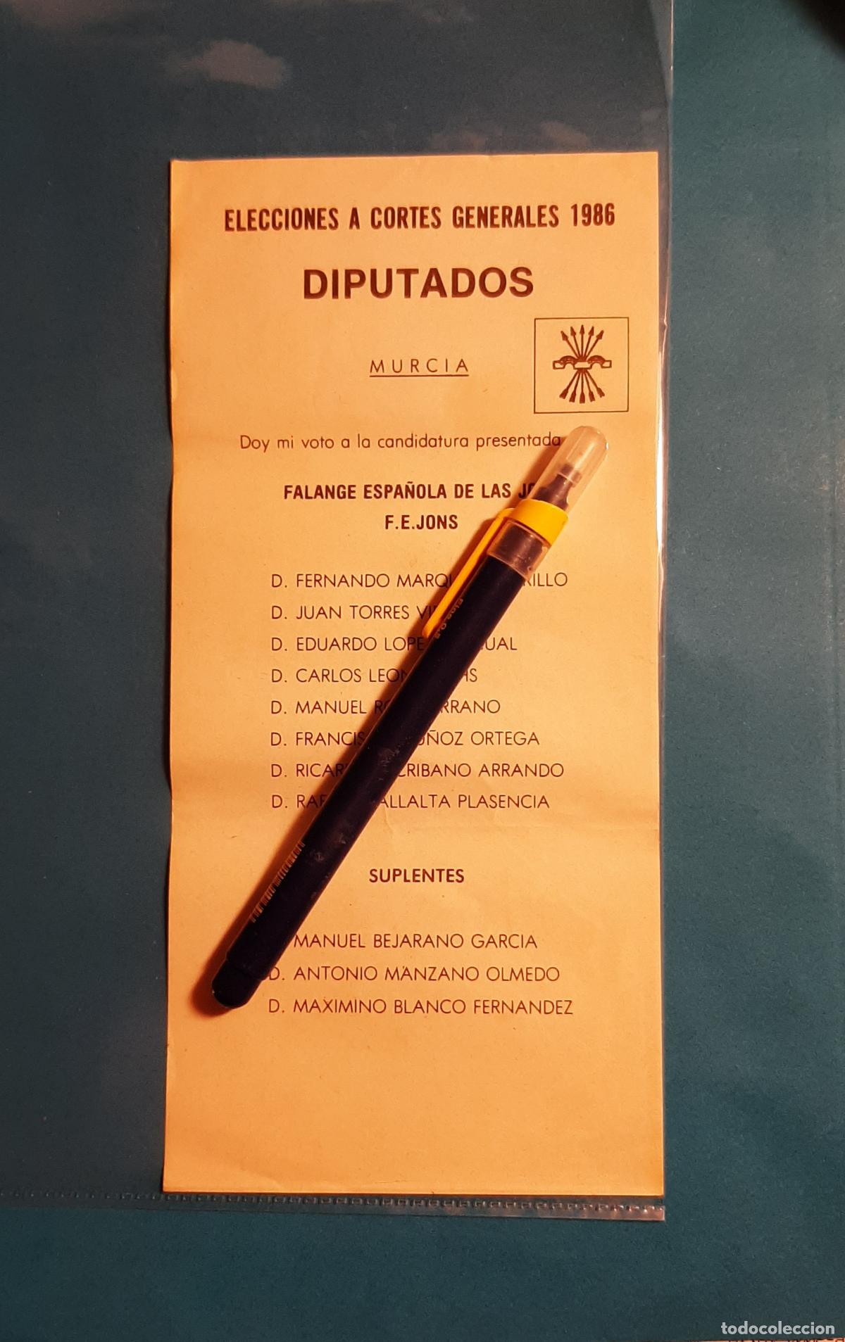 Documentos antiguos: PAPELETA FALANGE MURCIA ELECCIONES DIPUTADOS 1986