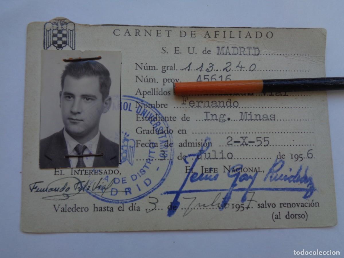 Documentos antiguos: SINDICATO ESPA&Ntilde;OL UNIVERSITARIO, SEU - FALANGE: CARNET AFILIADO INGENIERO DE MINAS . MADRID, 1944