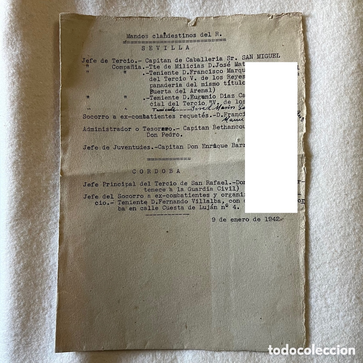 Documents Anciens: ANTIGUO DOCUMENTO MILITAR - MANDOS CLANDESTINOS SEVILLA / C&Oacute;RDOBA - GUERRA CIVIL