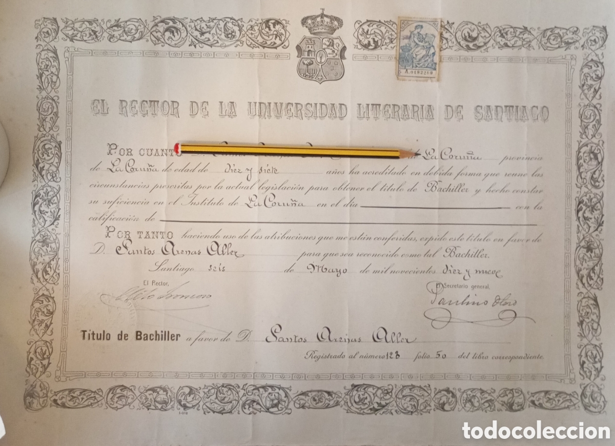 Documents Anciens: T&iacute;tulo el rector de la universidad de literatura de Santiago a&ntilde;o 1919