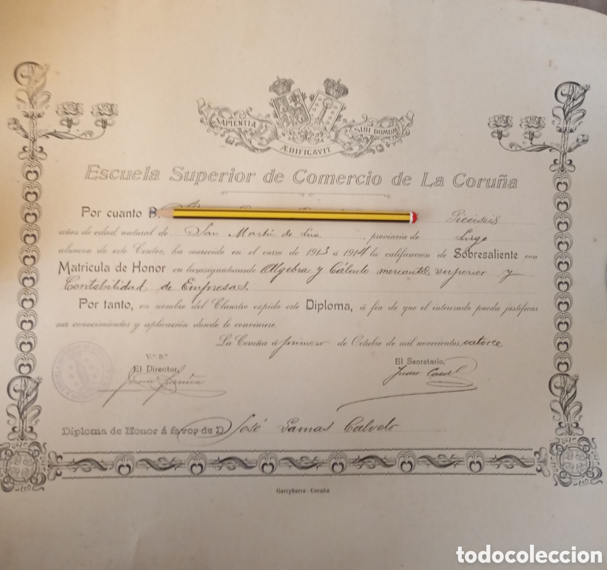 Documents Anciens: T&iacute;tulo escuela superior de comercio de la coru&ntilde;a a&ntilde;o 1914