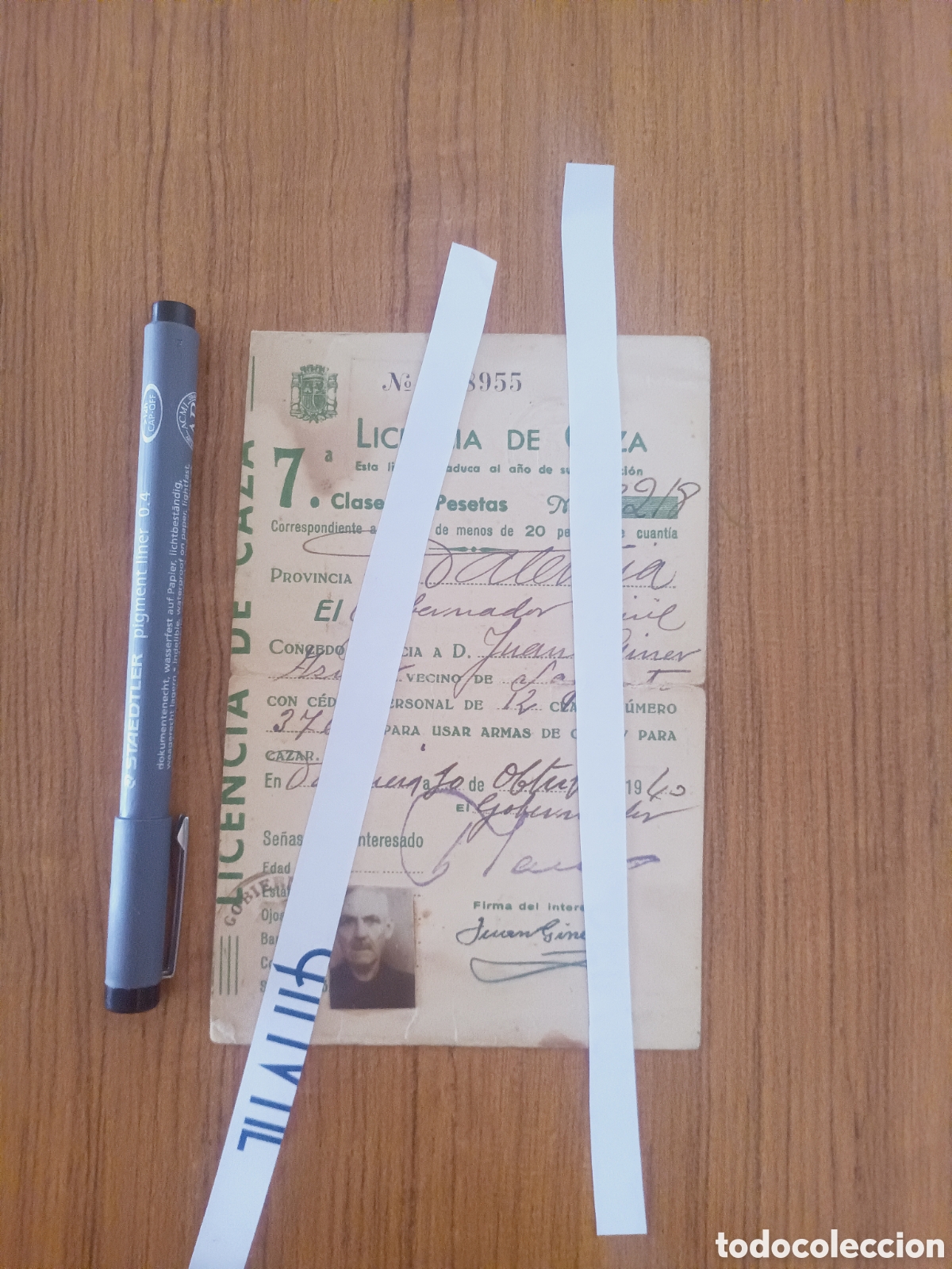 Documentos antiguos: LICENCIA DE CAZA SAGUNTO A&Ntilde;O 1940