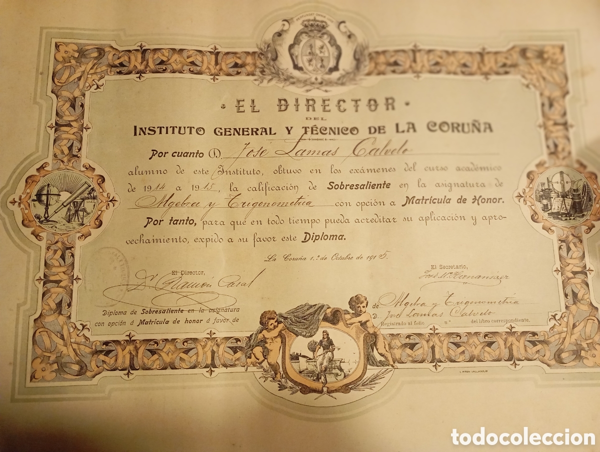 Documents Anciens: T&iacute;tulo diploma sobresaliente instituto general y t&eacute;cnico de la Coru&ntilde;a a&ntilde;o 1915