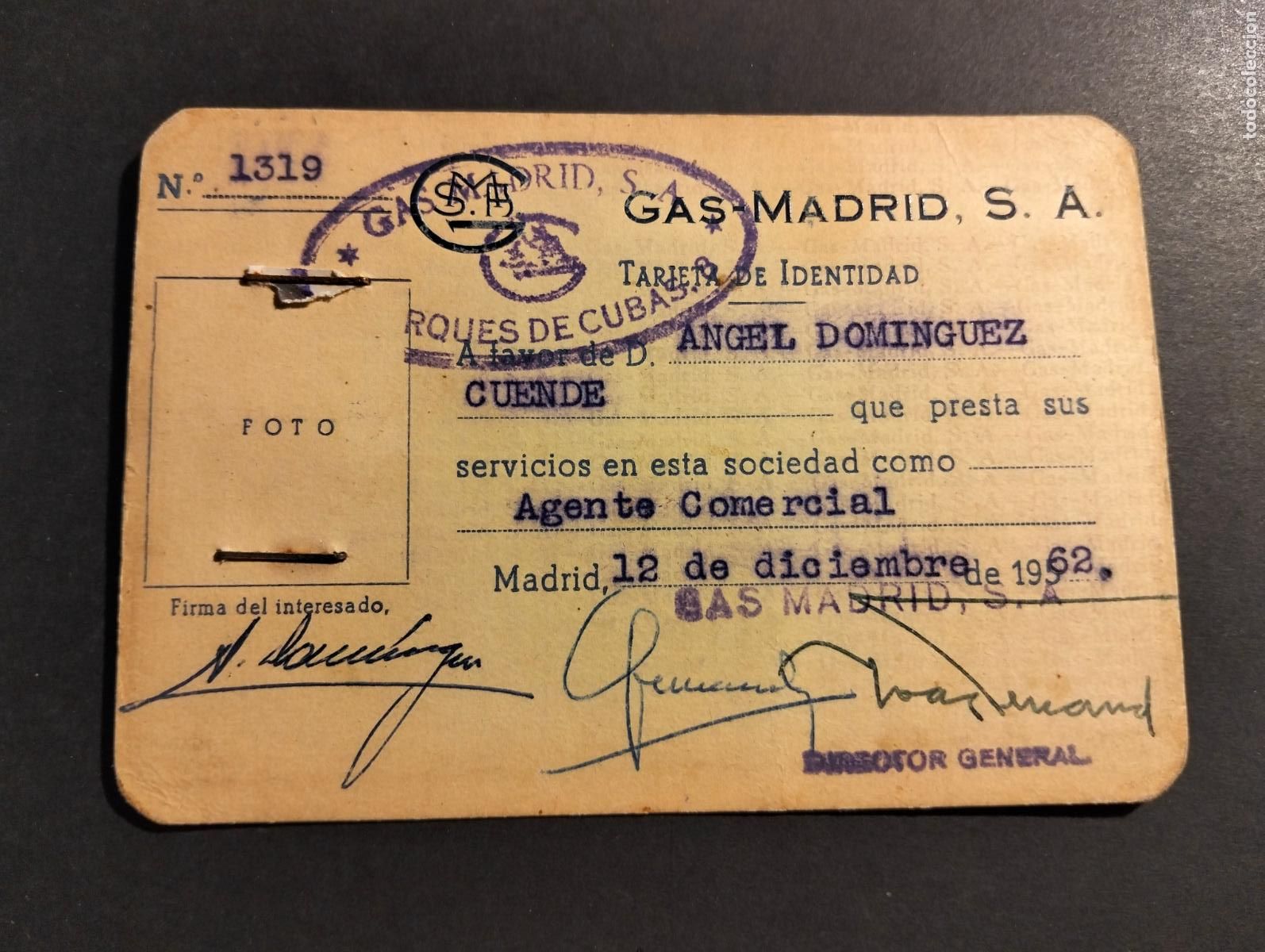 Documentos antiguos: GAS MADRID S. A. TARJETA DE IDENTIDAD 1962