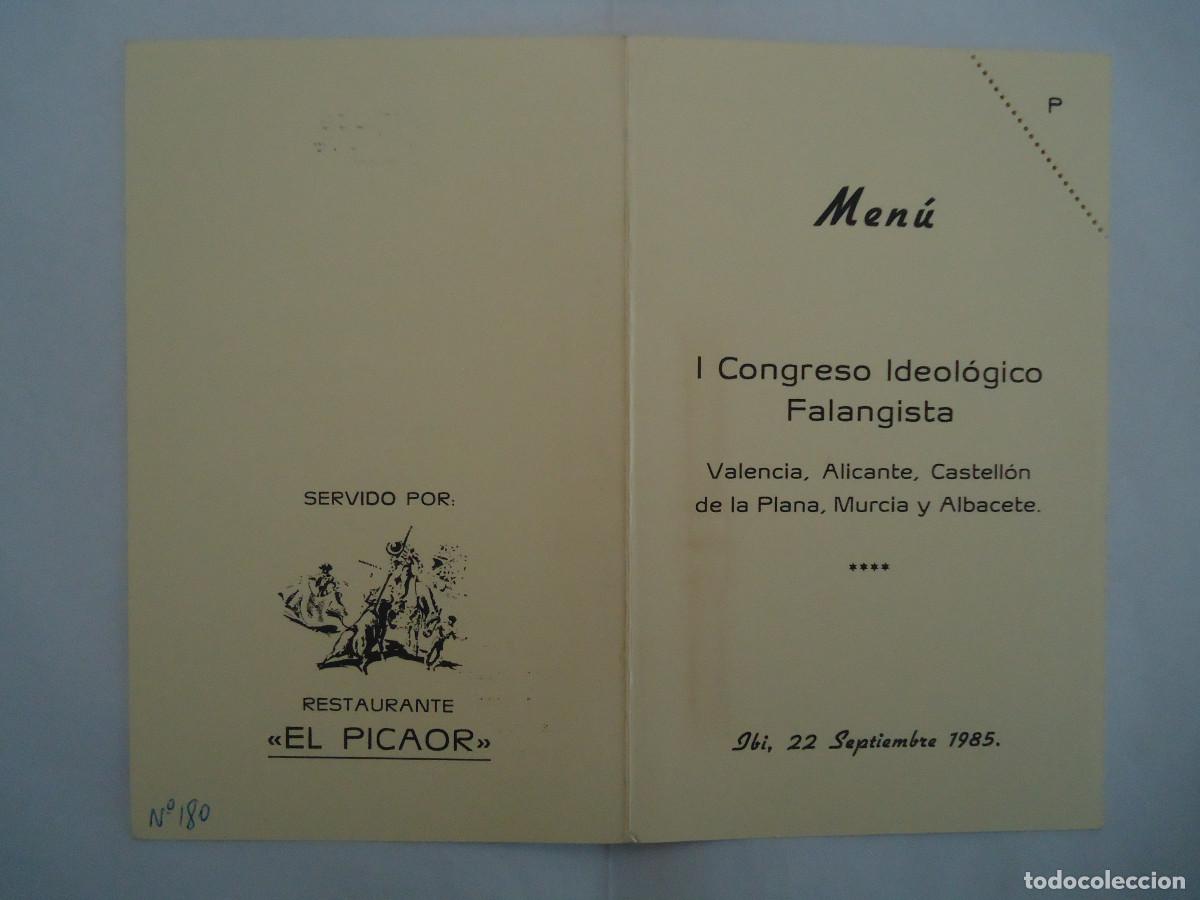 Documentos antiguos: MENU DEL 1&ordm; CONGRESO IDEOLOGICO FALANGISTA EN IBI EL A&Ntilde;O 1985. PP -10