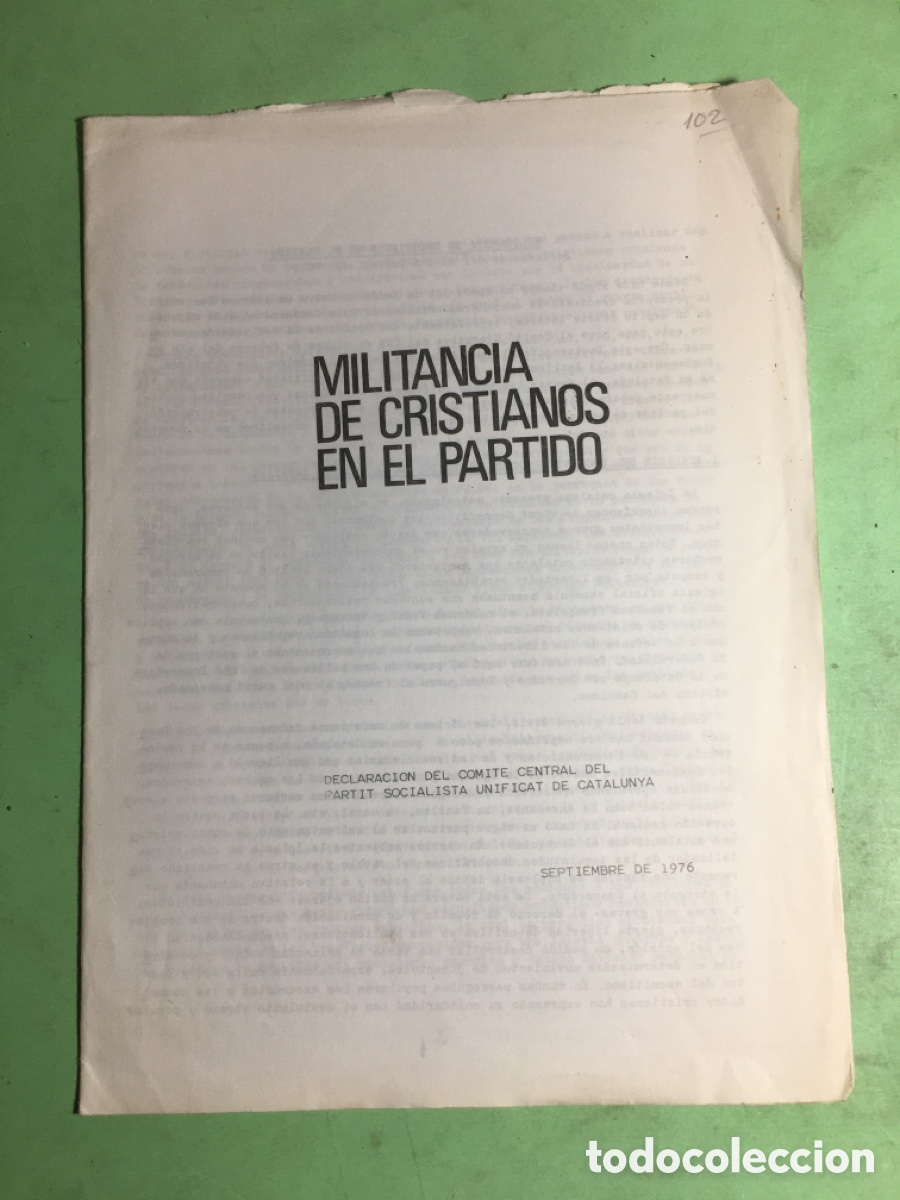 Documentos antiguos: 1976/9 MILITANCIA DE CRISTIANOS EN EL PARTIDO PARTIDO SOCIALISTA UNIFICAT DE CATALUNYA
