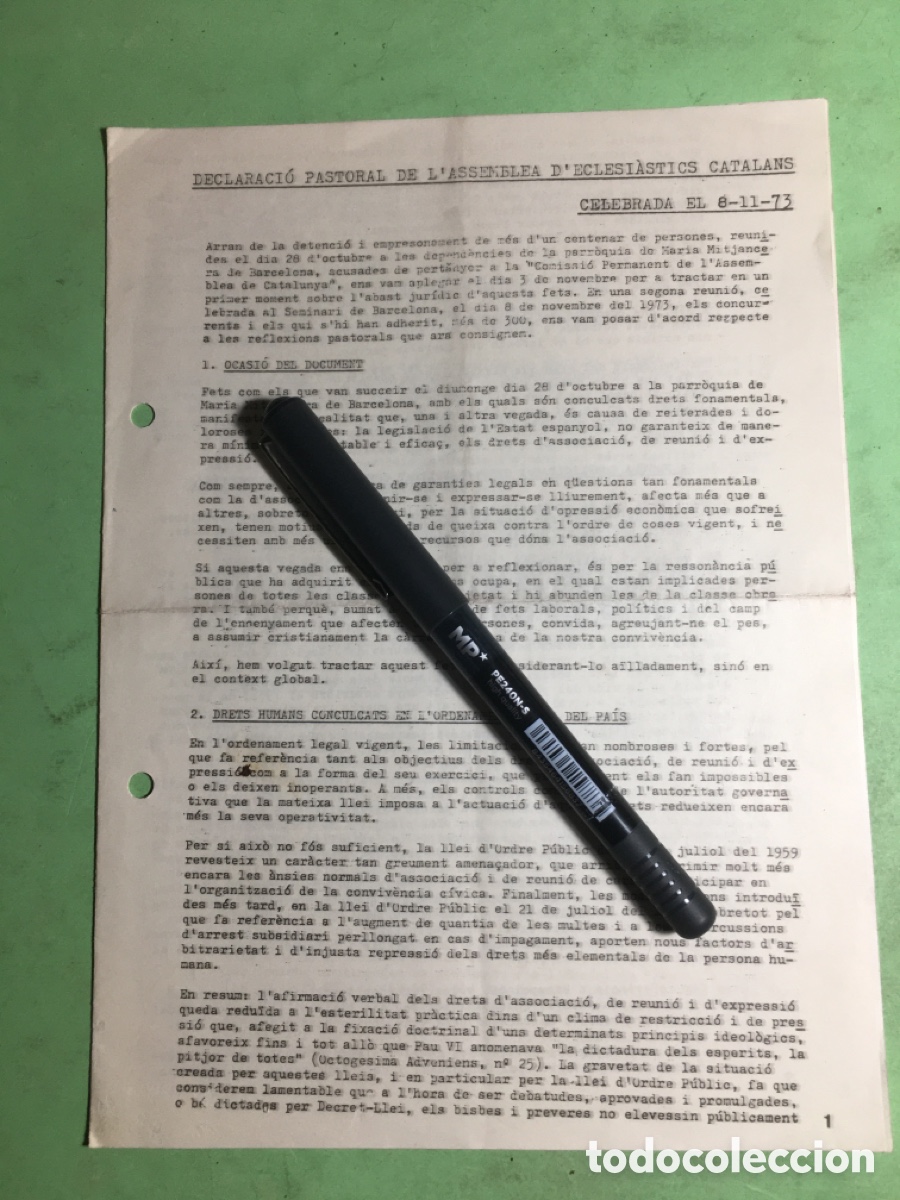 Documentos antiguos: 1973 DECLARACI&Oacute; PASTORAL ASSEMBLEA ECLESI&Agrave;STICS CATALANS FETS 28/10