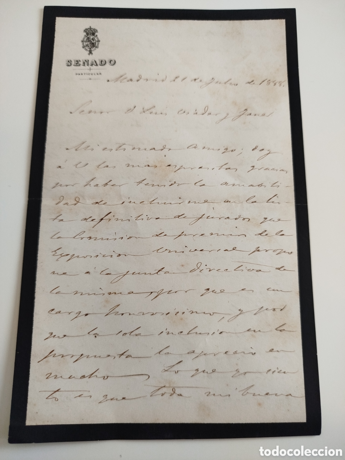 Documentos antiguos: Documento Senado 1888, manuscrito en papel oficial. - Foto 1