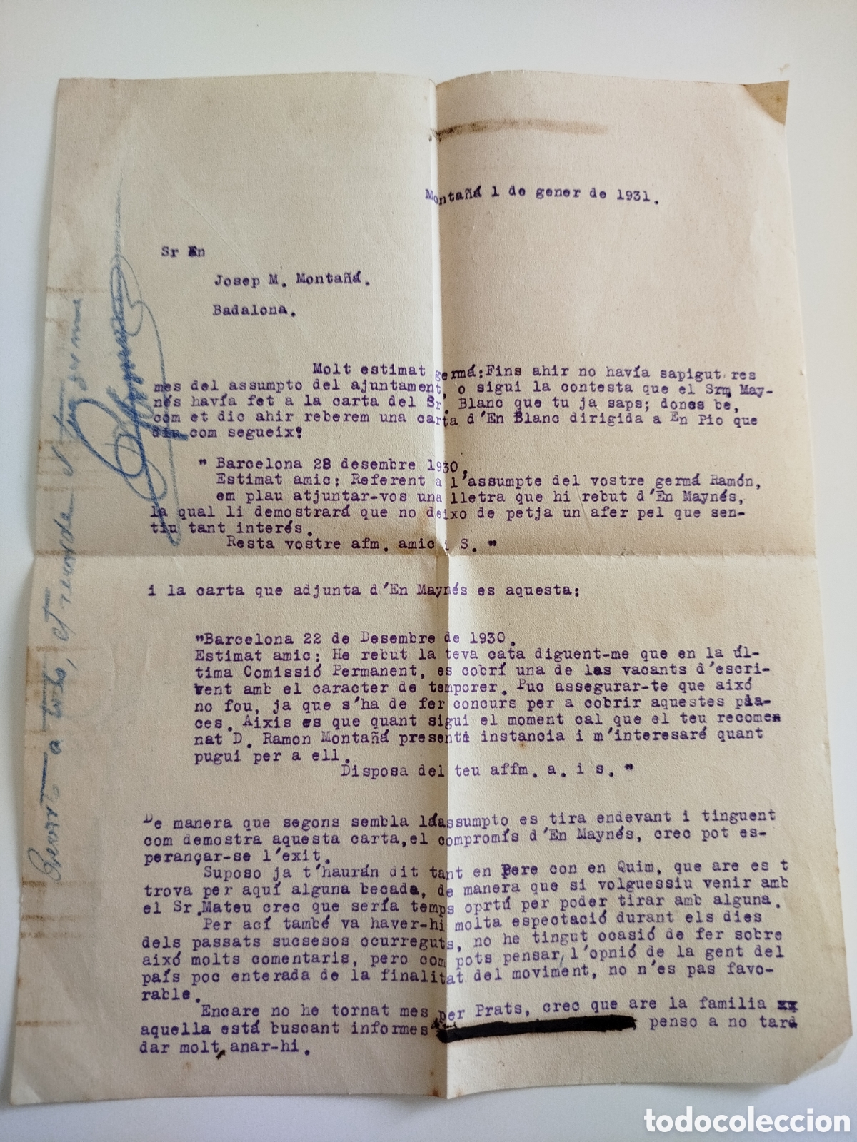 Documentos antiguos: Carta de 1931, mecanografiada (Badalona). - Foto 1