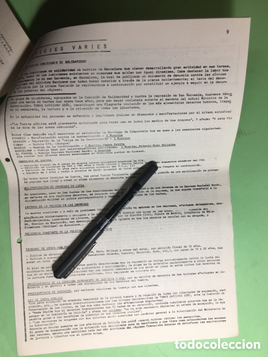 Documentos antiguos: 1973 GENER COMISSI&Oacute; DE SOLIDARITAT BCN BUTLLET&Iacute; No.23 - Foto 5