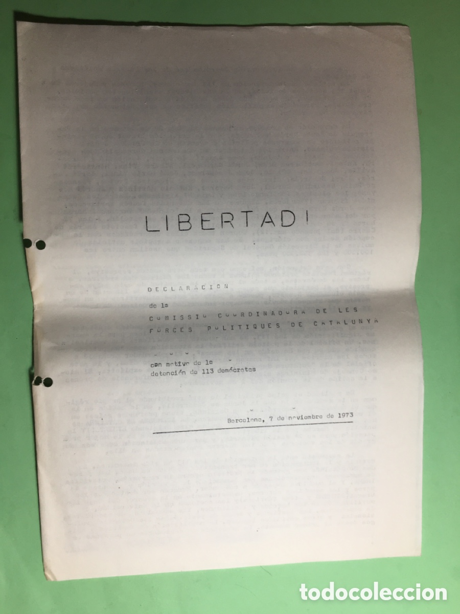 Documentos antiguos: 1973 COMISSI&Oacute; COORDINADORA FORCES POLITIQUES CATALUNYA DETENCI&Oacute;N 113 DEM&Oacute;CRATAS LIBERTAD!