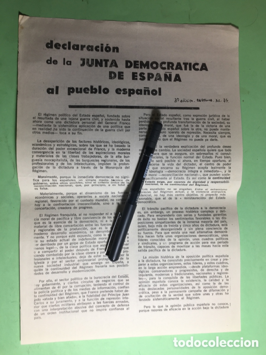 Documentos antiguos: MADRID 29/7/74 DECLARACI&Oacute;N JUNTA DEMOCR&Aacute;TICA DE ESPA&Ntilde;A A PUEBLO ESPA&Ntilde;OL 3&ordf; Ed. BCN