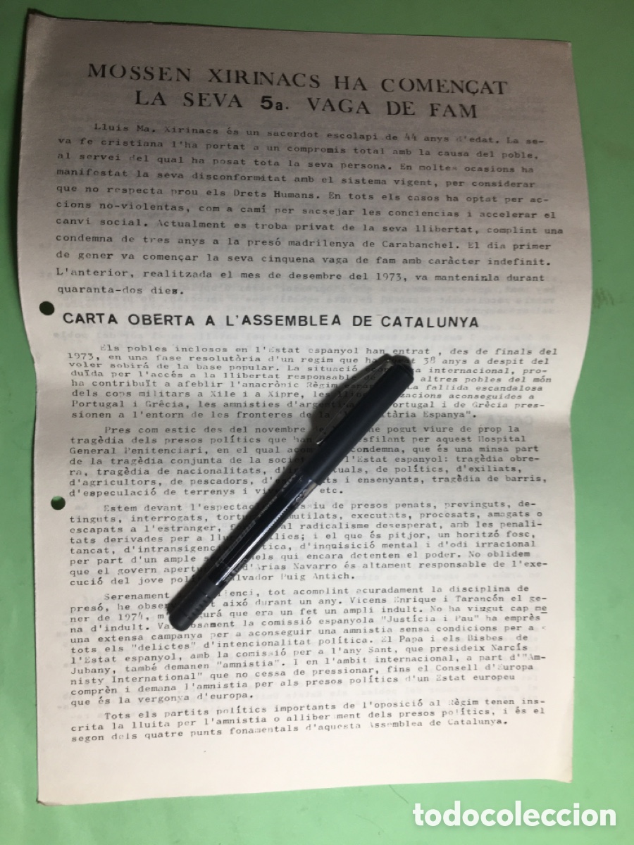 Documentos antiguos: MADRID 1/1/75 MOSSEN XIRINACS 5&ordf; VAGA DE FAM CARTA AL CAP DE L&rsquo;ESTAT ESPANYOL FRANCISCO FRANCO