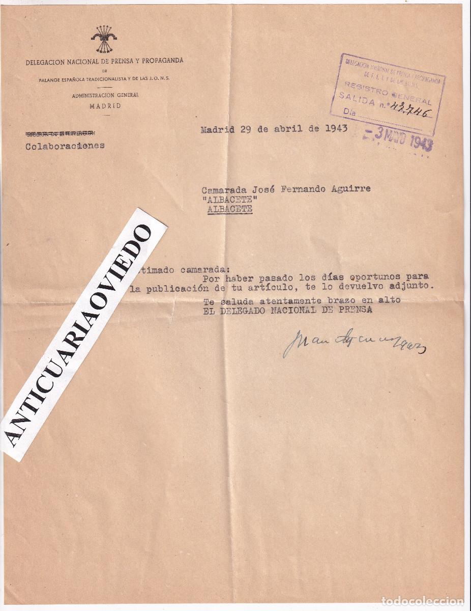 Documents Anciens: CARTA DEL DELEGADO NACIONAL DE PRENSA JUAN APARICIO AL DTOR. DEL DIARIO ALBACETE. 1943
