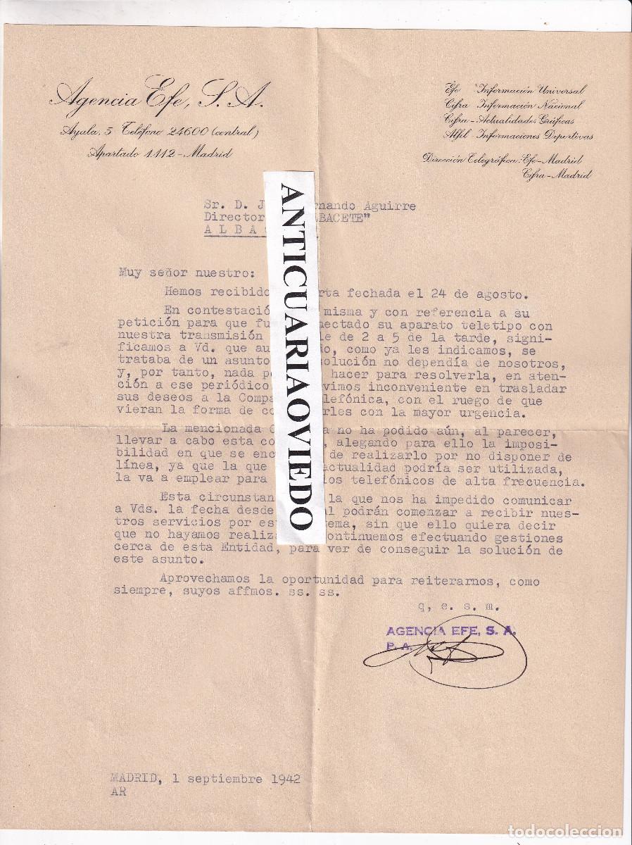 Documents Anciens: CARTA DE LA AGENCIA EFE AL DIRECTOR DEL DIARIO ALBACETE, JOS&Eacute; FERNANDO AGUIRRE. 1942