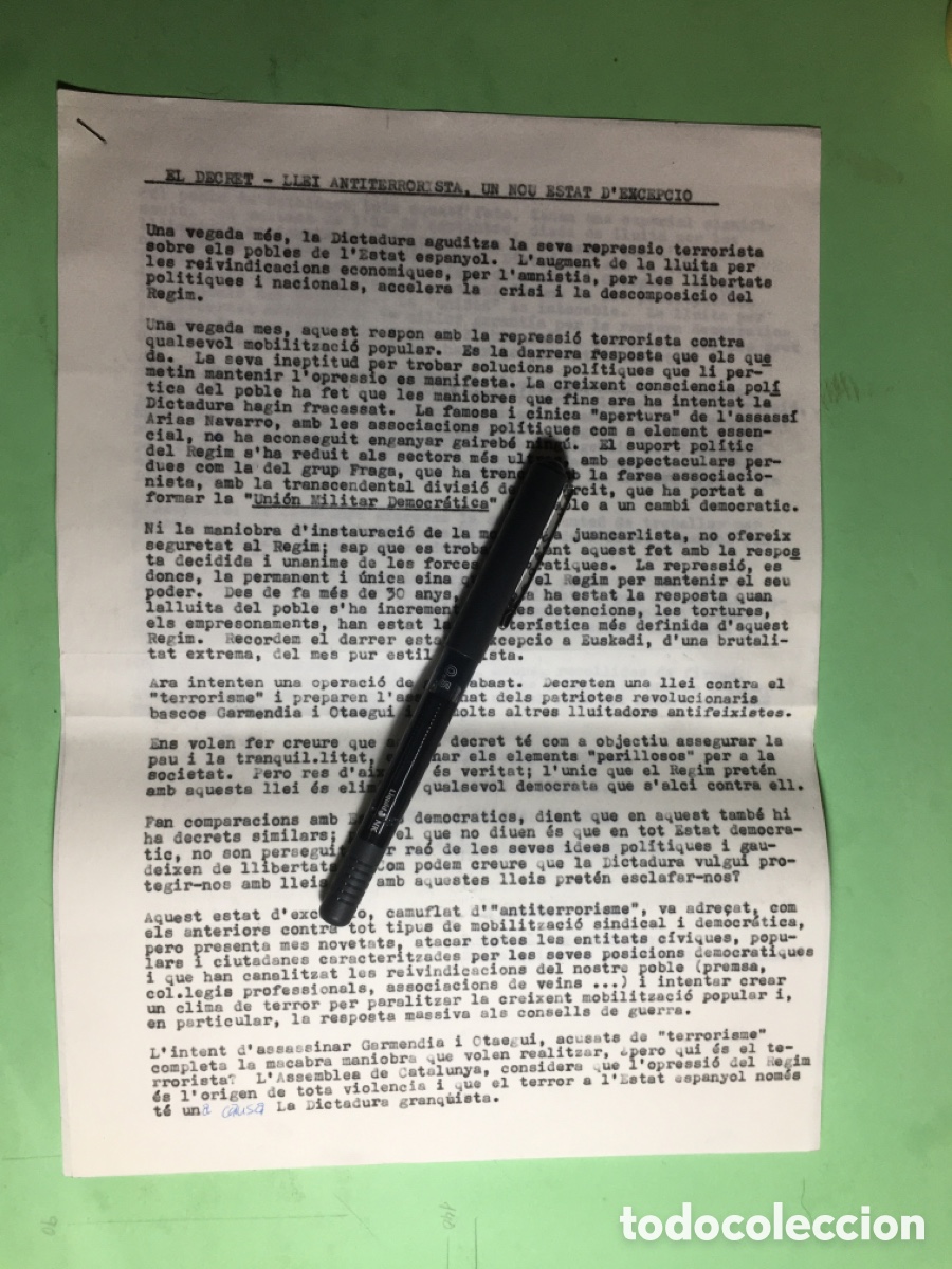 Documentos antiguos: 1975/9 EL DECRET LLEI ANTITERRORISTA SALVEM GARMENDIA I OTAEGUI ASSEMBLEA DE CATALUNYA