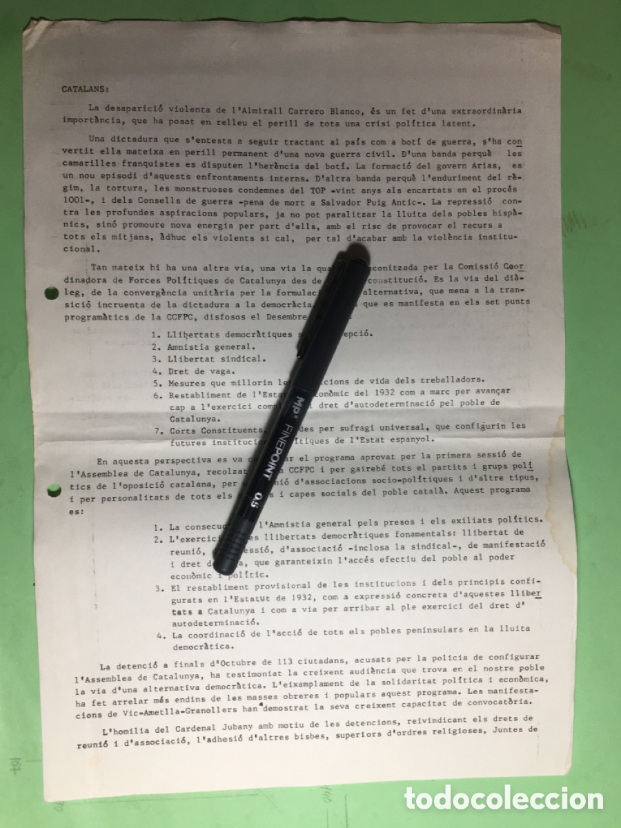 Documentos antiguos: 1974/1 COMISSI&Oacute; COORDINADORA FORCES POLITIQUES DE CATALUNYA DESAPARICI&Oacute; CARRERO BLANCO SET PUNTS