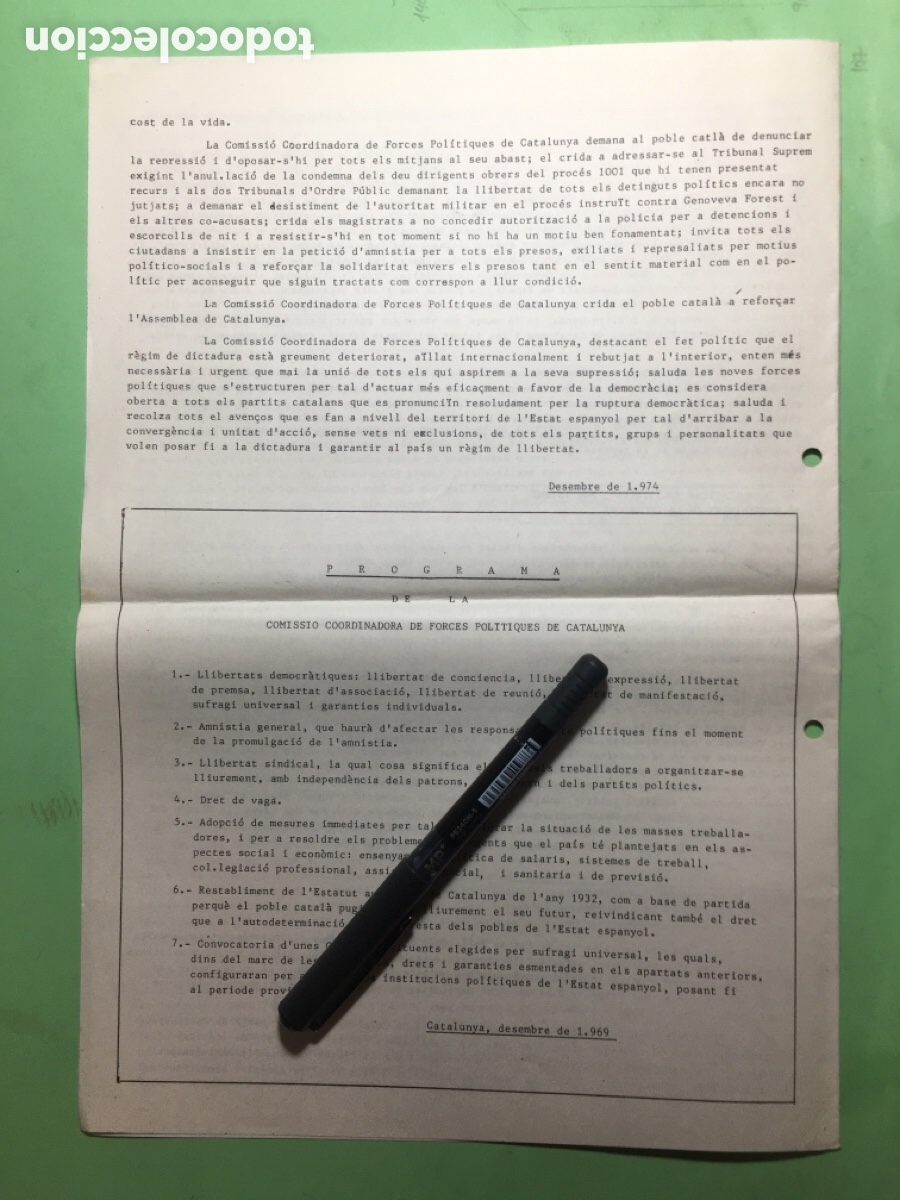 Documentos antiguos: 1974/1969 DECLARACI&Oacute; I PROGRAMA COMISSI&Oacute; COORDINADORA FORCES POLITIQUES DE CATALUNYA - Foto 4