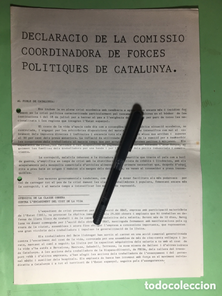 Documentos antiguos: 1974/1969 DECLARACI&Oacute; I PROGRAMA COMISSI&Oacute; COORDINADORA FORCES POLITIQUES DE CATALUNYA - Foto 1