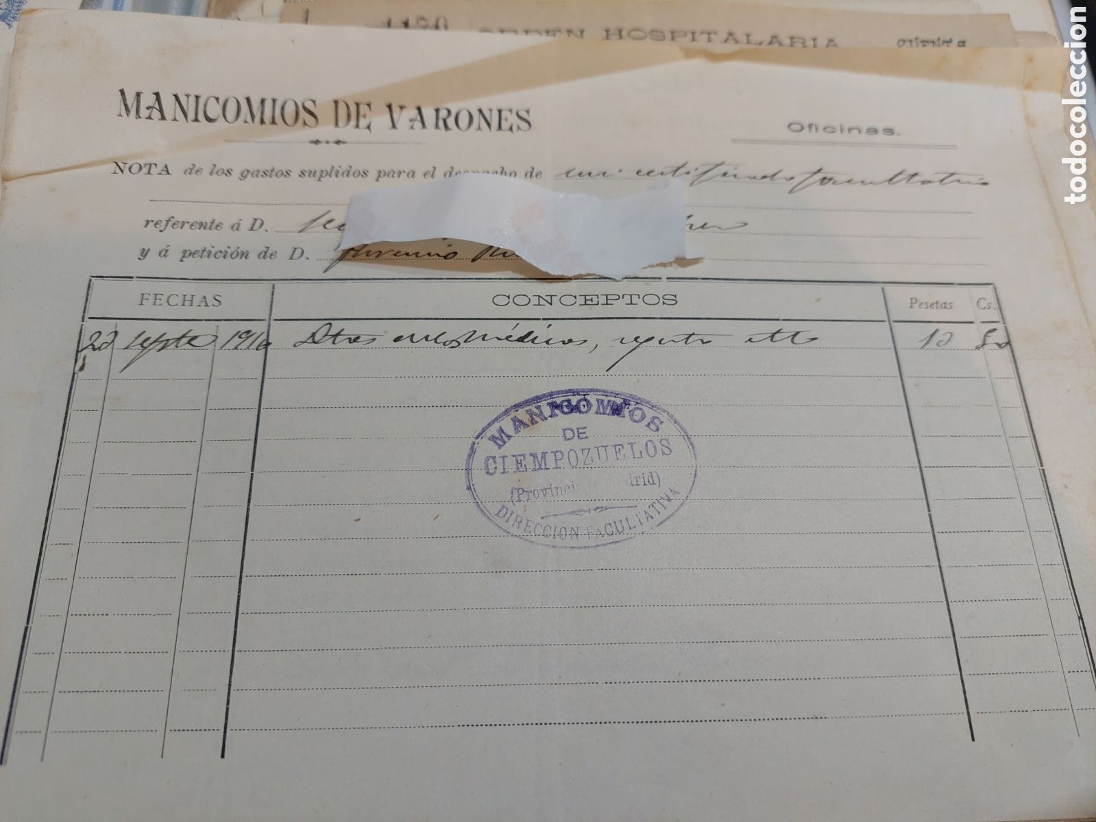 Documenti antichi: MANICOMIO DE VARONES CIEMPOZUELOS MADRID CARTA CERTIFICADO GASTOS MEDICOS