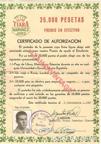 Documentos antiguos: JEREZ DE LA FRONTERA, 1966, PREMIO CONCEDIDO POR VENTAS, VINOS Y BRANDY TIARA, NARVAEZ, RARO