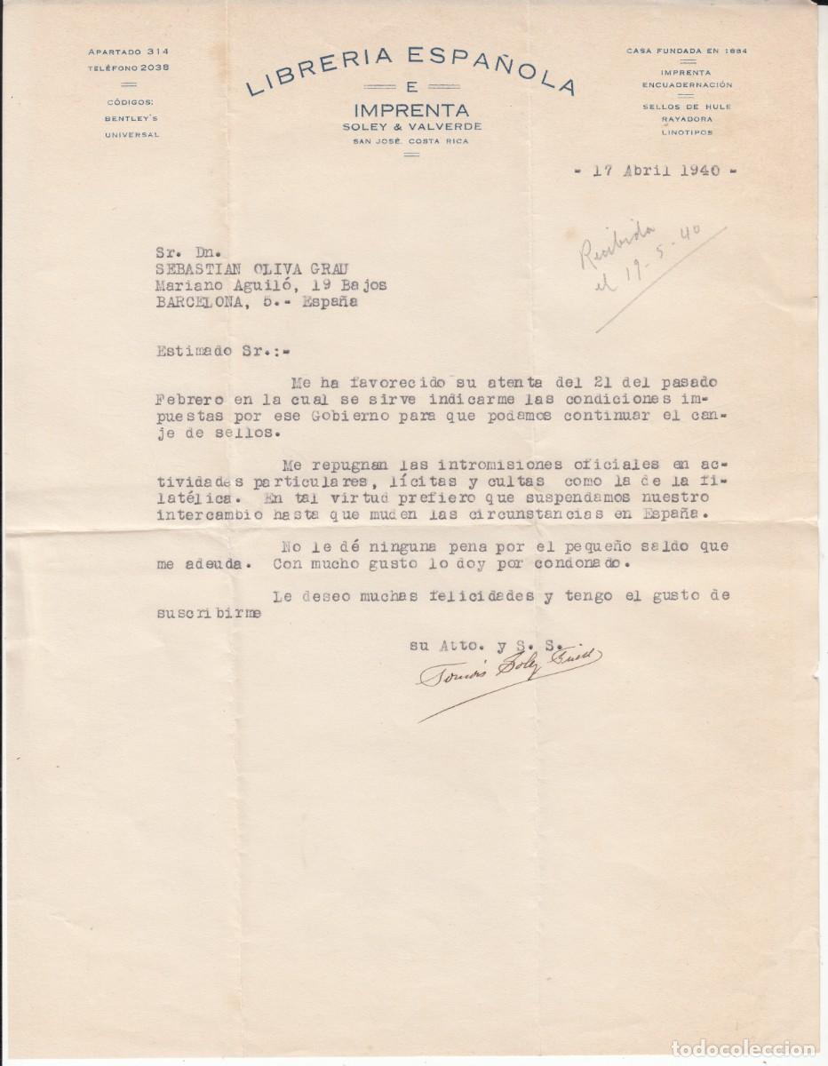 Documentos antiguos: LIBRERIA ESPA&Ntilde;OLA SOLEY VALVERDE EN SAN JOS&Eacute; DE COSTA RICA.1940- IMPOSIBILIDAD DE INTERCAMBIO FILAT