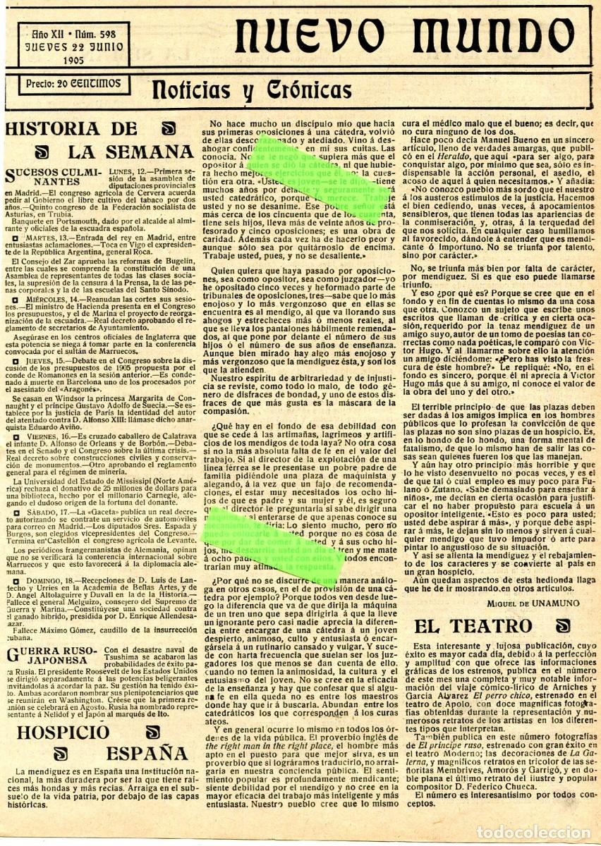 Documentos antiguos: RECORTE DE PRENSA A&Ntilde;O 1905 EL HOSPICIO EN ESPA&Ntilde;A POR MIGUEL DE UNAMUNO