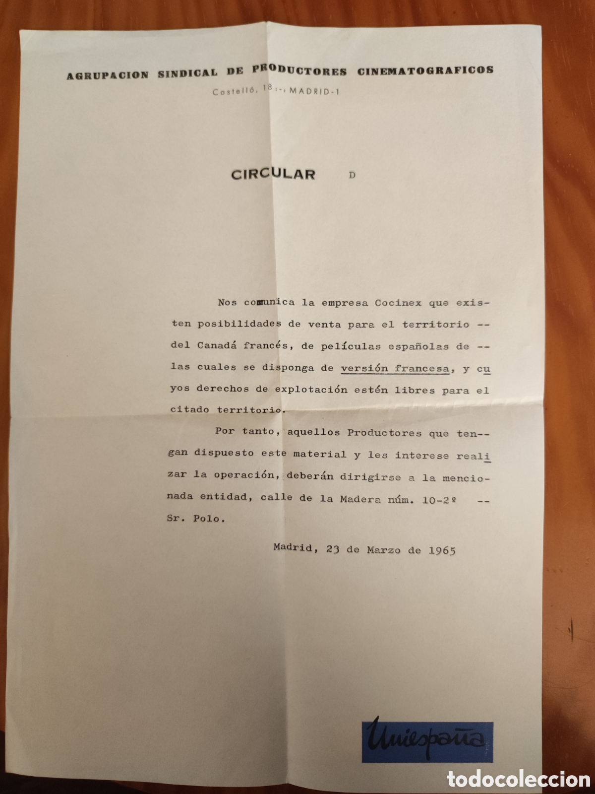 Documents Anciens: Documento Hist&oacute;rico Cine Espa&ntilde;ol 1965 - Circular Exportaci&oacute;n Canad&aacute; - Sello Uniespa&ntilde;a