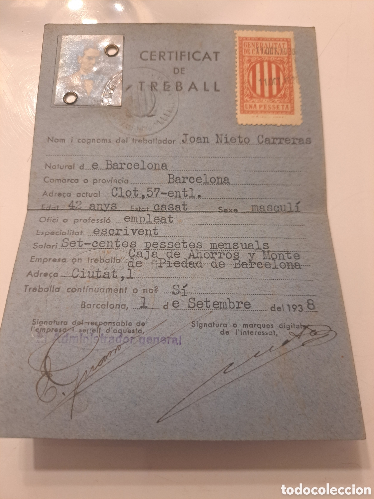 Documentos antiguos: Certificado de trabajo 1938 escrivent - Foto 1