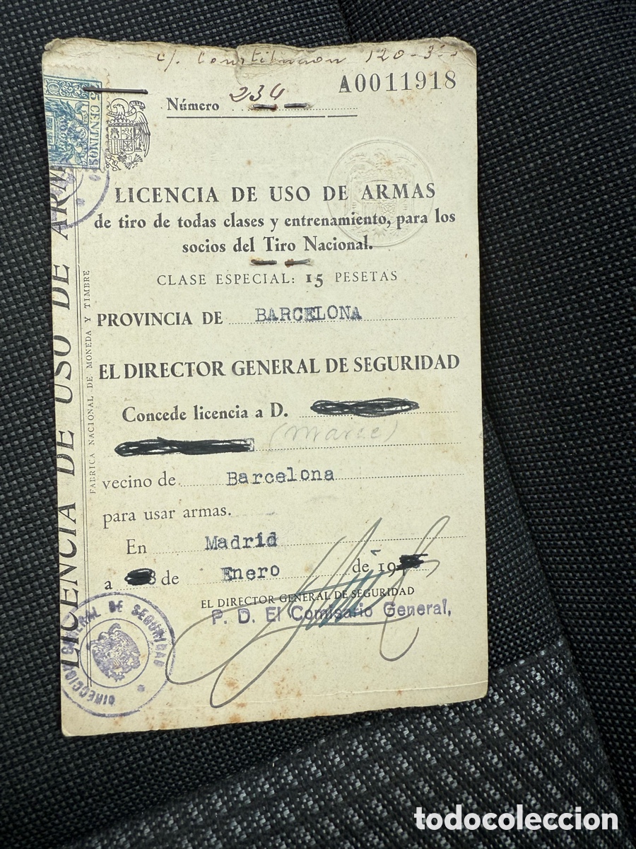 Documentos antiguos: licencia de armas antigua - Foto 1