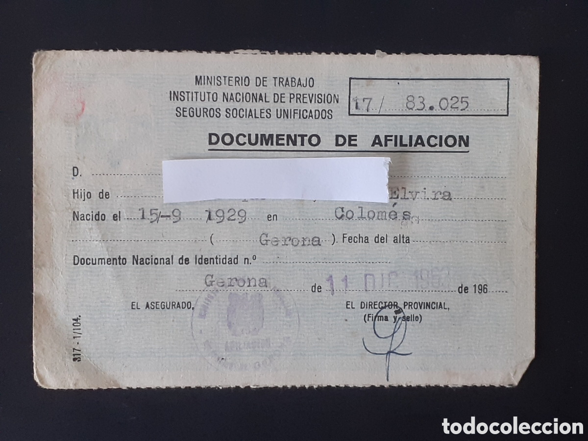 Documentos antiguos: GERONA - DOCUMENTO DE AFILIACION A&Ntilde;O 1963 - CON TAMPON - Foto 1