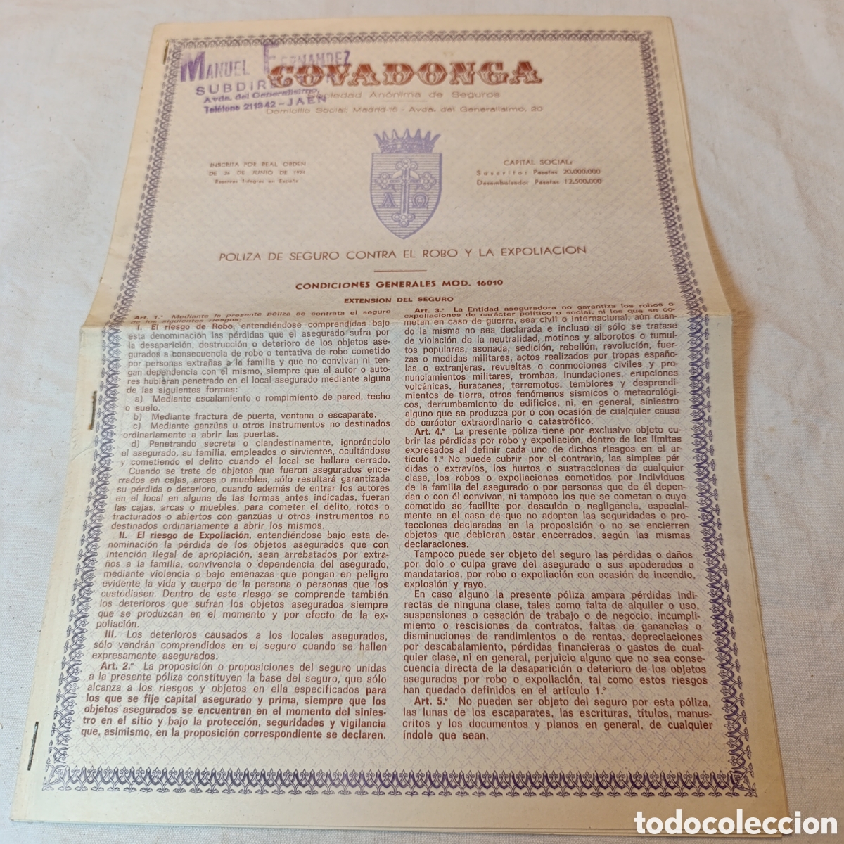 Documentos antiguos: POLIZA SEGUROS COVADONGA,1972 - Foto 1