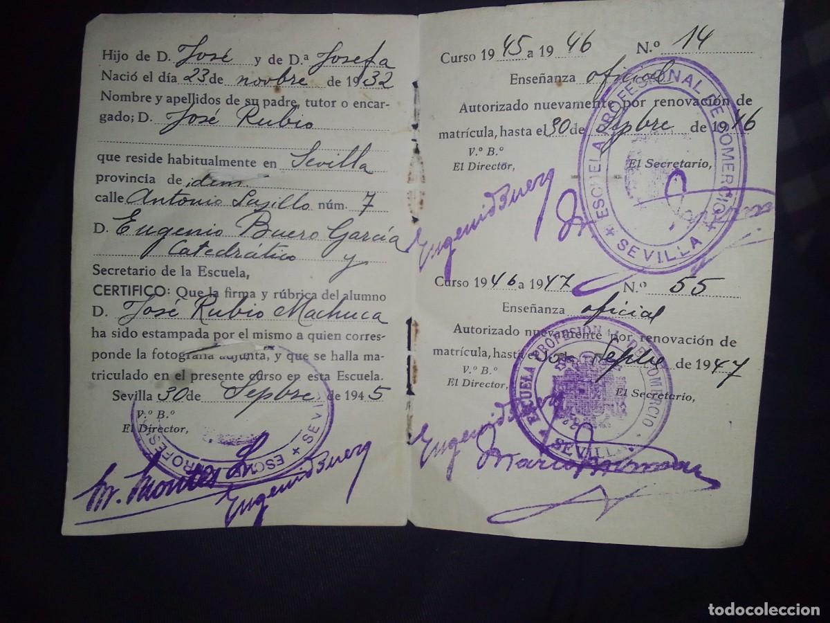 Documentos antiguos: Documento Carnet Escolar. Escuela Profesional de Comercio 1945 - Foto 2