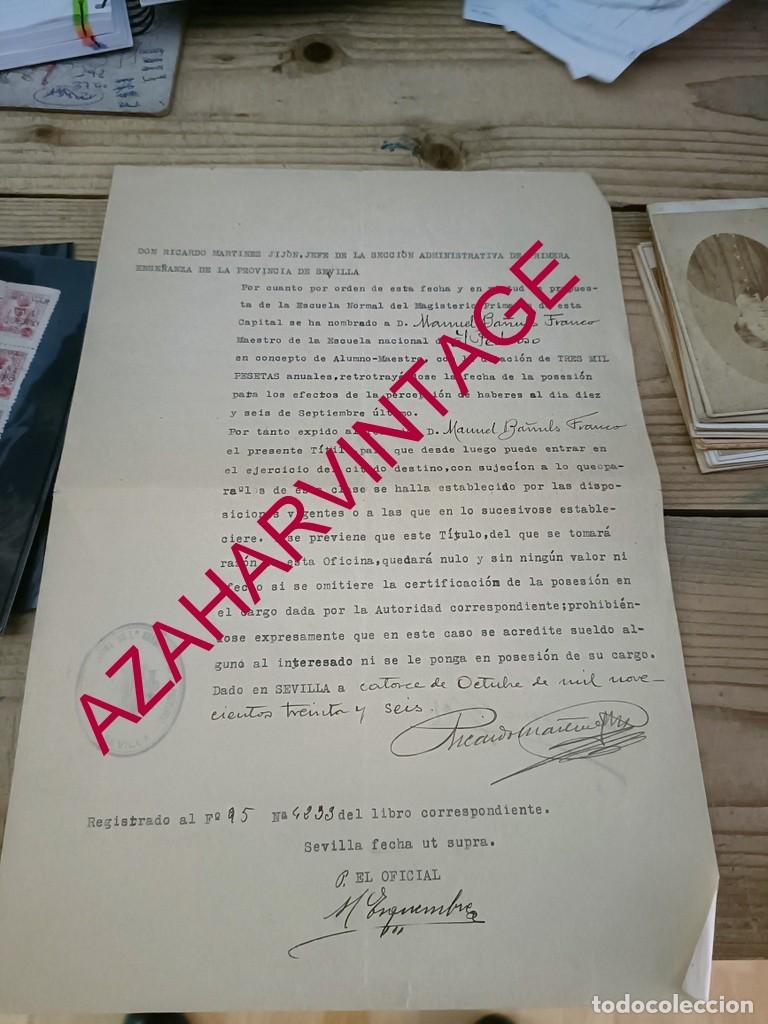 Documentos antiguos: SEVILLA, 1936, NOMBRAMIENTO MAESTRO DE ESCUELA EN EL PEDROSO, RARO