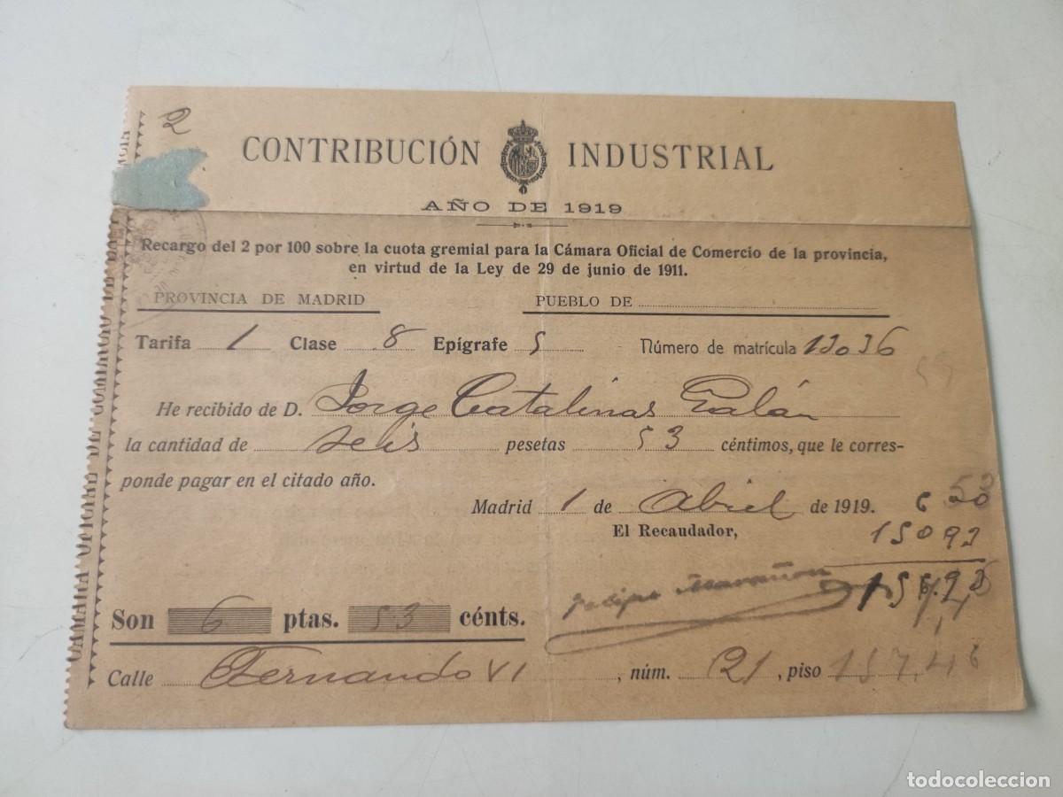 Documentos antiguos: Contribuci&oacute;n Industrial. 1919. - Foto 1
