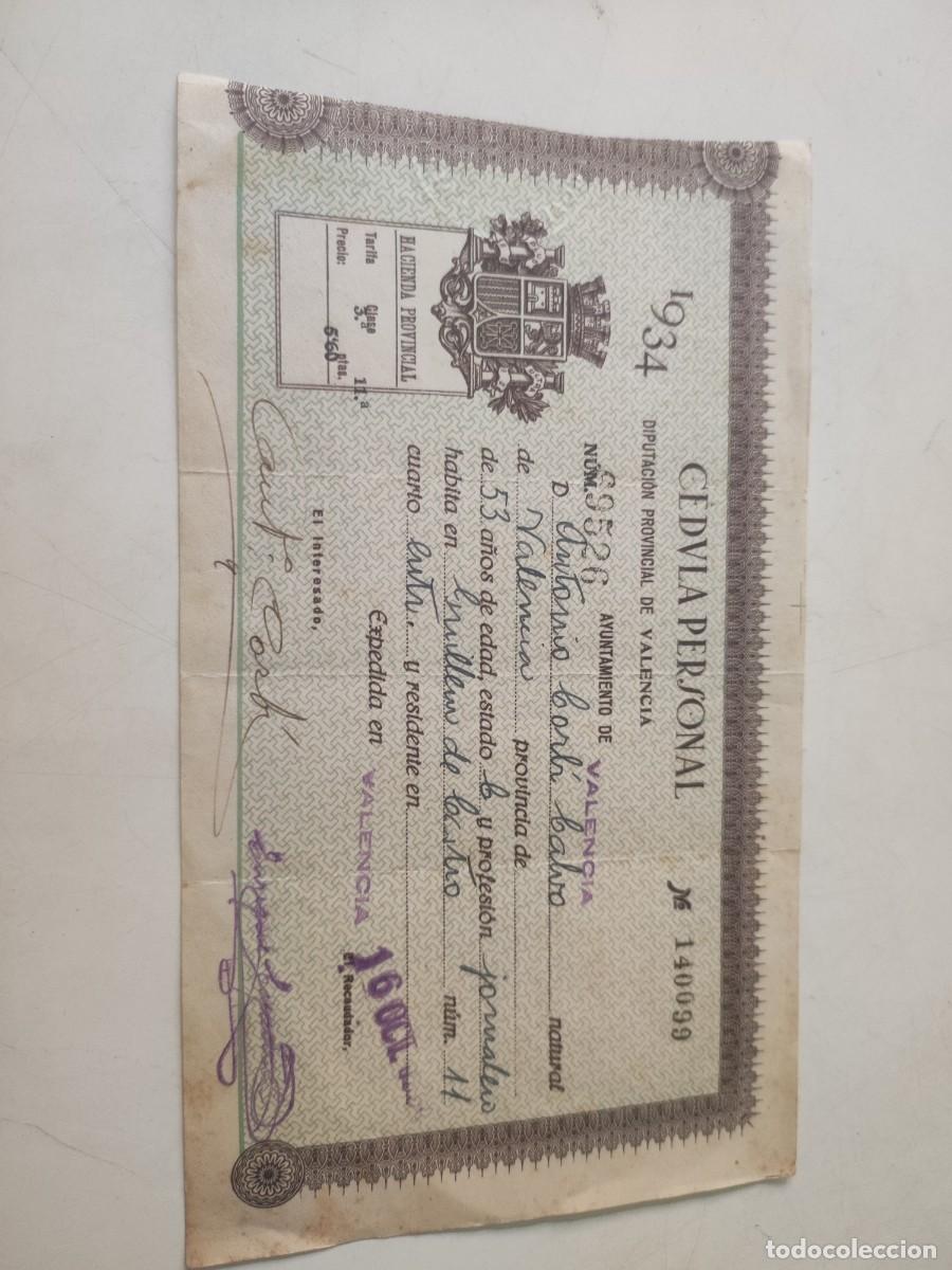 Documentos antiguos: C&eacute;dula personal Valencia - Foto 1