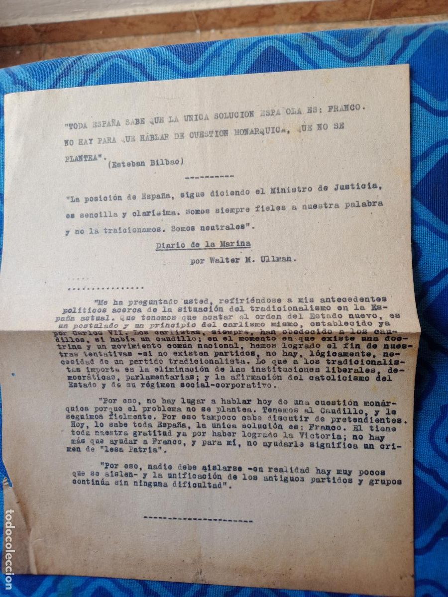 Documentos antiguos: Documento carlista. Postguerra. Esteban Bilbao. Carlismo - Foto 1
