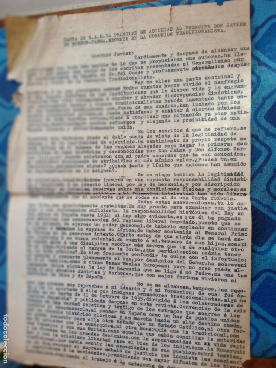 Documentos antiguos: Carlismo. Documento carlista. Javier de Borb&oacute;n Parma - Foto 1