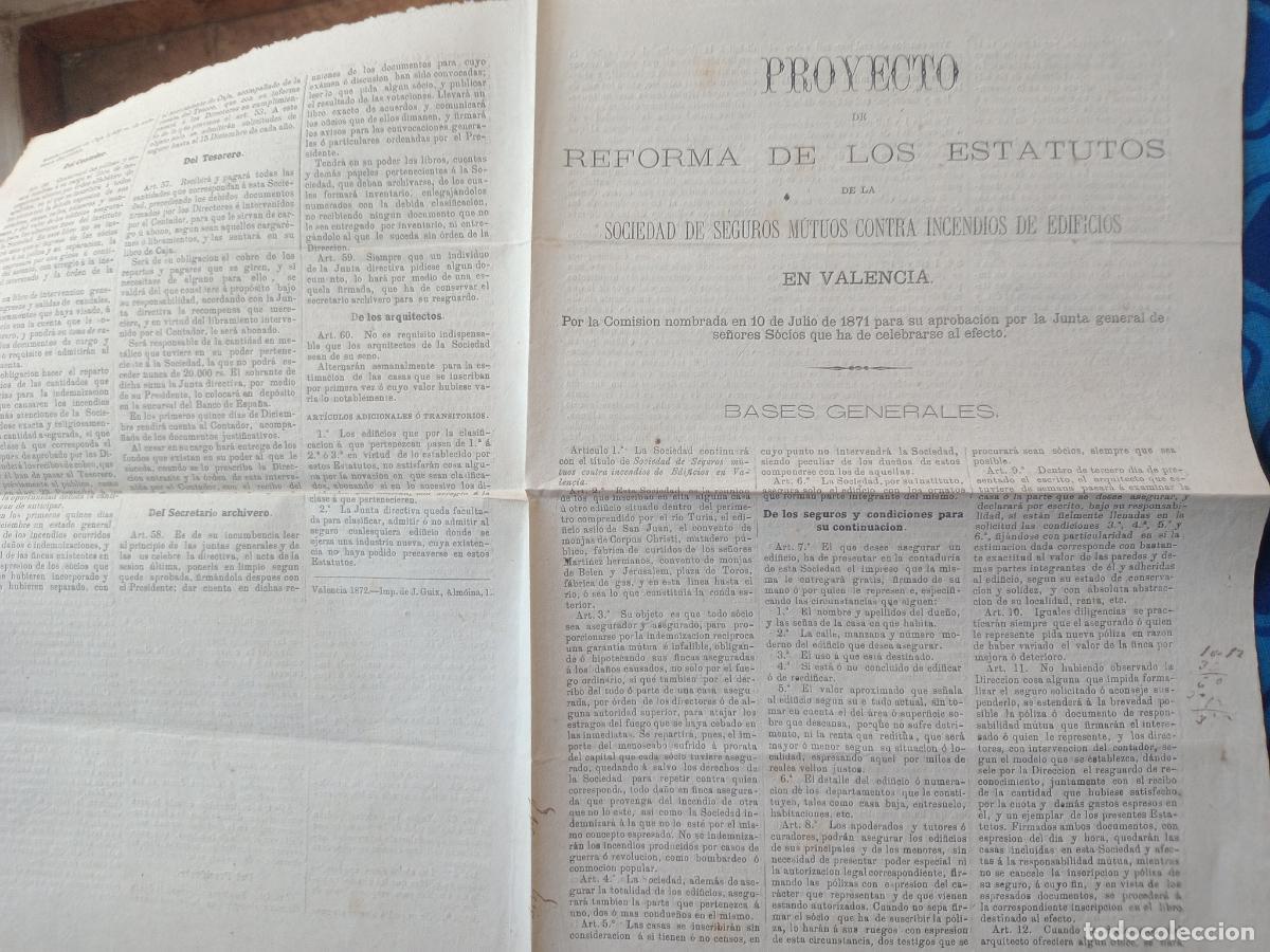 Documentos antiguos: Proyecto de reforma de los estatutos de la sociedad de seguros contra incendios. Valencia 1871