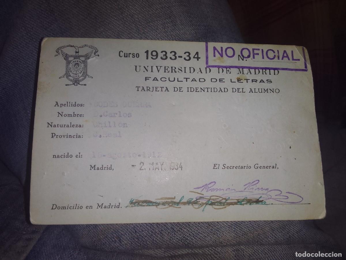 Documentos antiguos: Carnet facultad de letras 1933/34 alumno - Foto 2