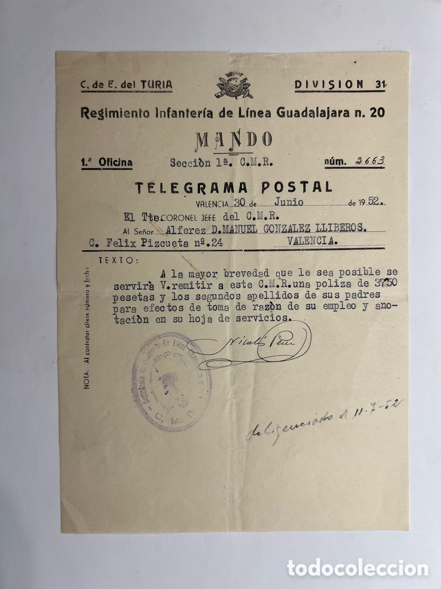 Documentos antiguos: PATERNA, Valencia. Regimiento Infanter&iacute;a de L&iacute;nea Guadalajara n. 20. Telegrama Postal (a.1952)