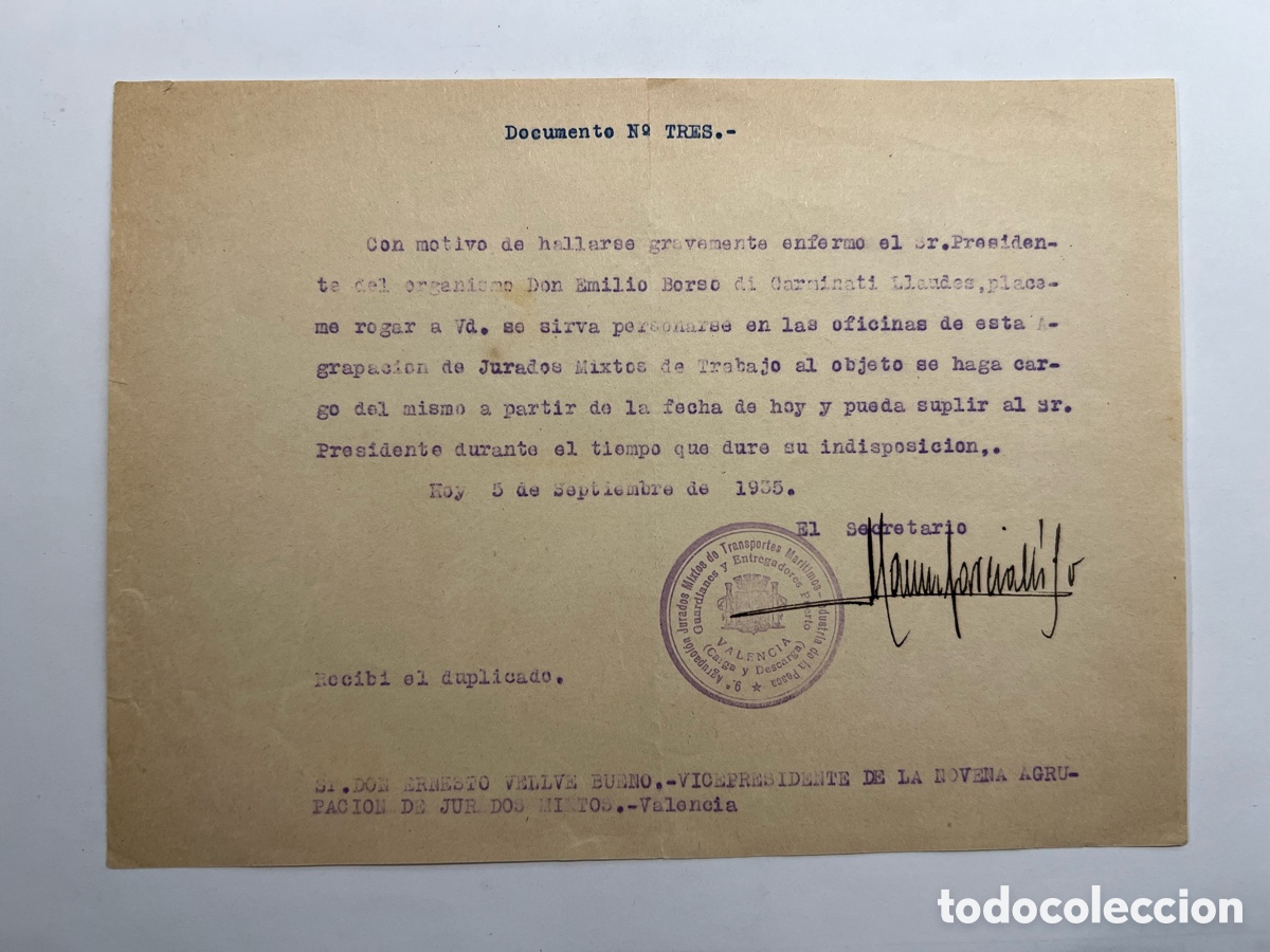 Documentos antiguos: VALENCIA. Gobierno de la Rep&uacute;blica. Novena Agrupaci&oacute;n de Jurados Mixtos. Toma de cargo (a.1935)