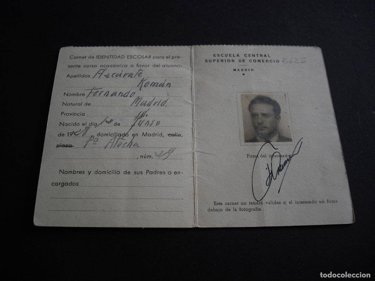 Documentos antiguos: CARNET IDENTIDAD ESCOLAR ESCUELA CENTRAL SUPERIOR DE COMERCIO 1950 - Foto 2