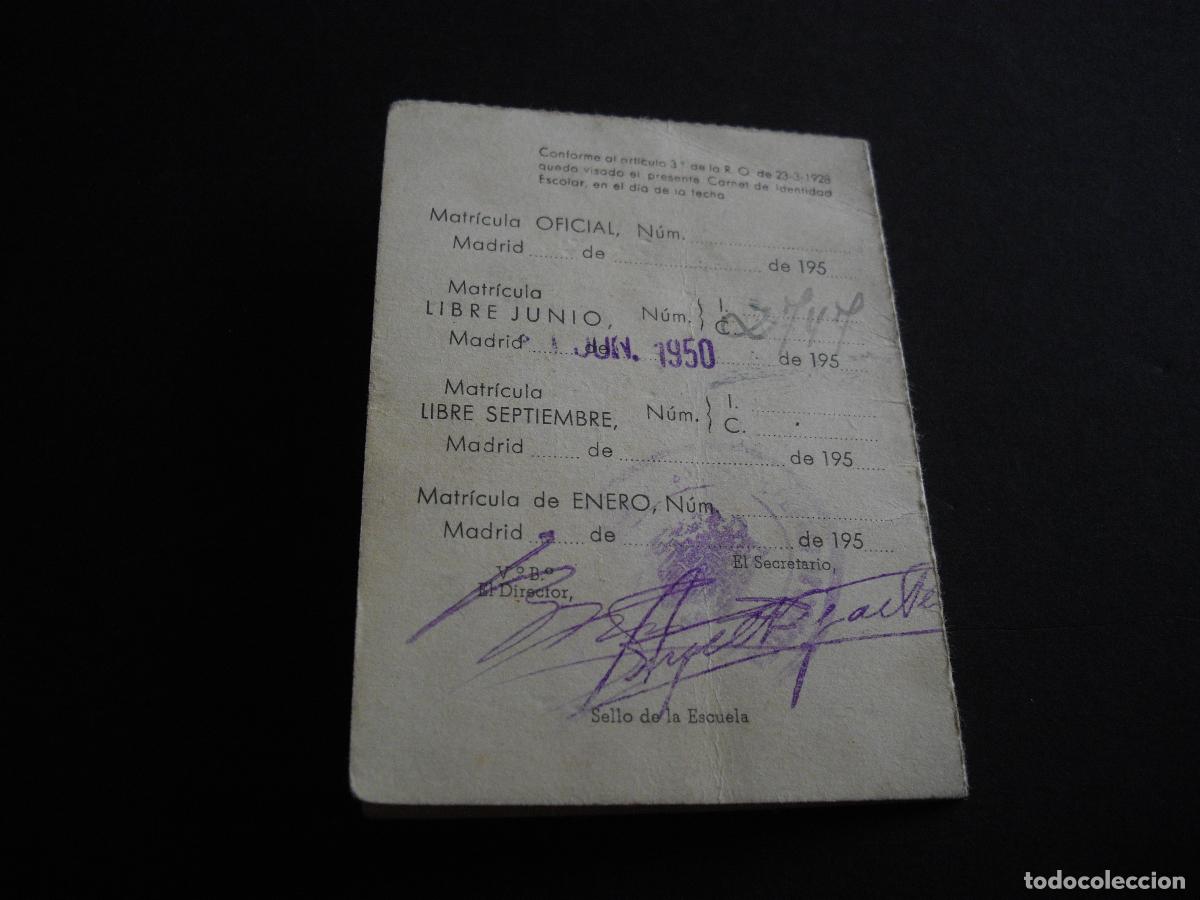 Documentos antiguos: CARNET IDENTIDAD ESCOLAR ESCUELA CENTRAL SUPERIOR DE COMERCIO 1950 - Foto 3