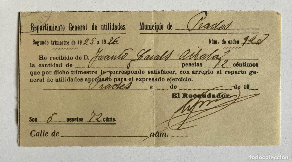 Documentos antigos: REPARTIMIENTO GENERAL DE UTILIDADES - PRADES ( Tarragona ) A&Ntilde;O 1925-26